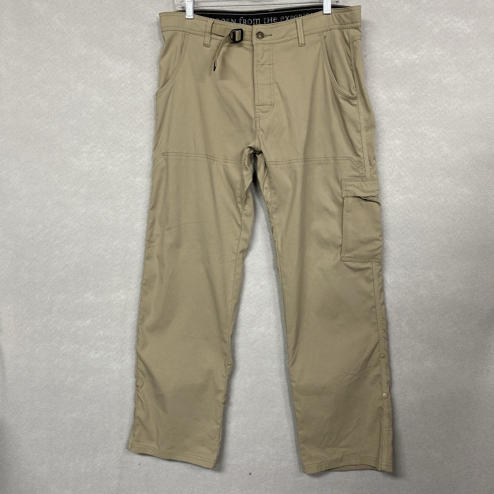 prAna Men 34x30 Cargo Pants Khaki Stretch Utility Hiking Gorpcore Snap Cuff